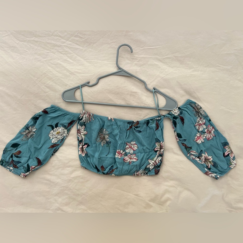 Pull&Bear Teal Floral Off-Shoulder Crop Top